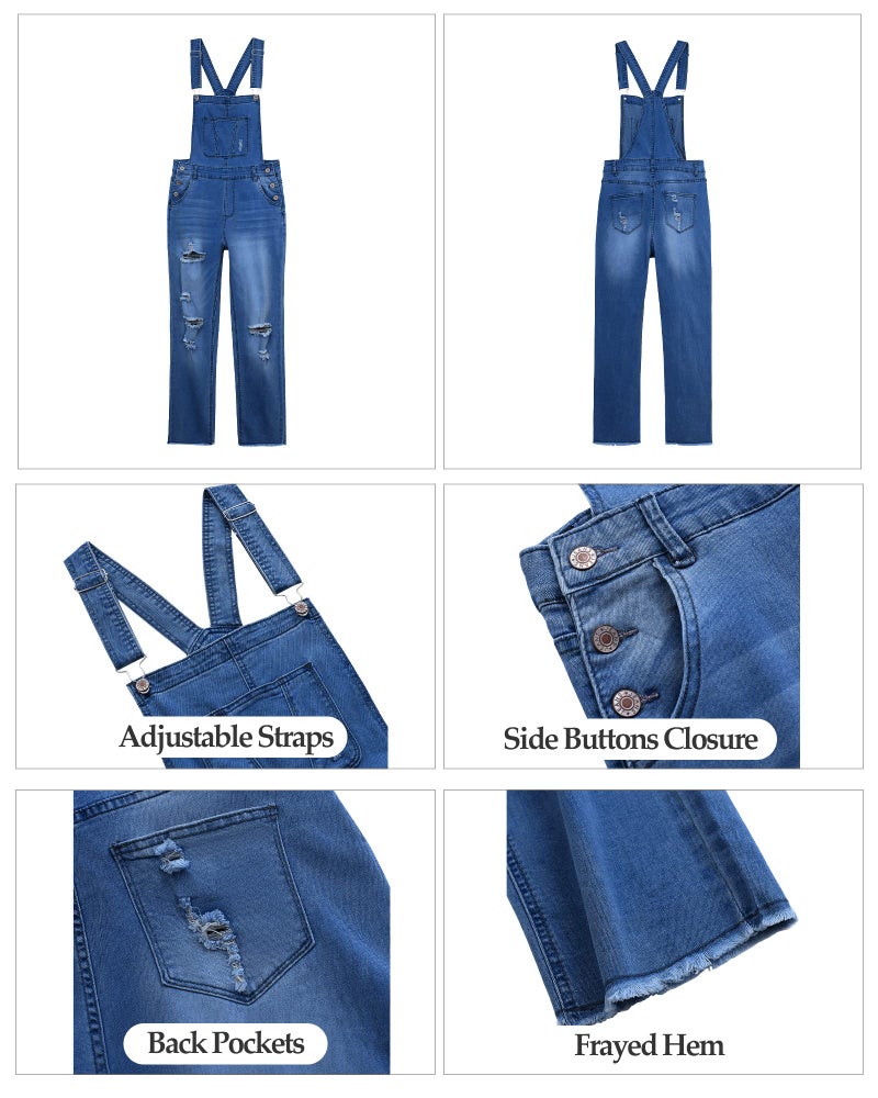 luvamia Women's Casual Distressed Adjustable Denim Bib Overalls Jeans Pants Jumpsuits Denim Blue Size X-Large - Image 3
